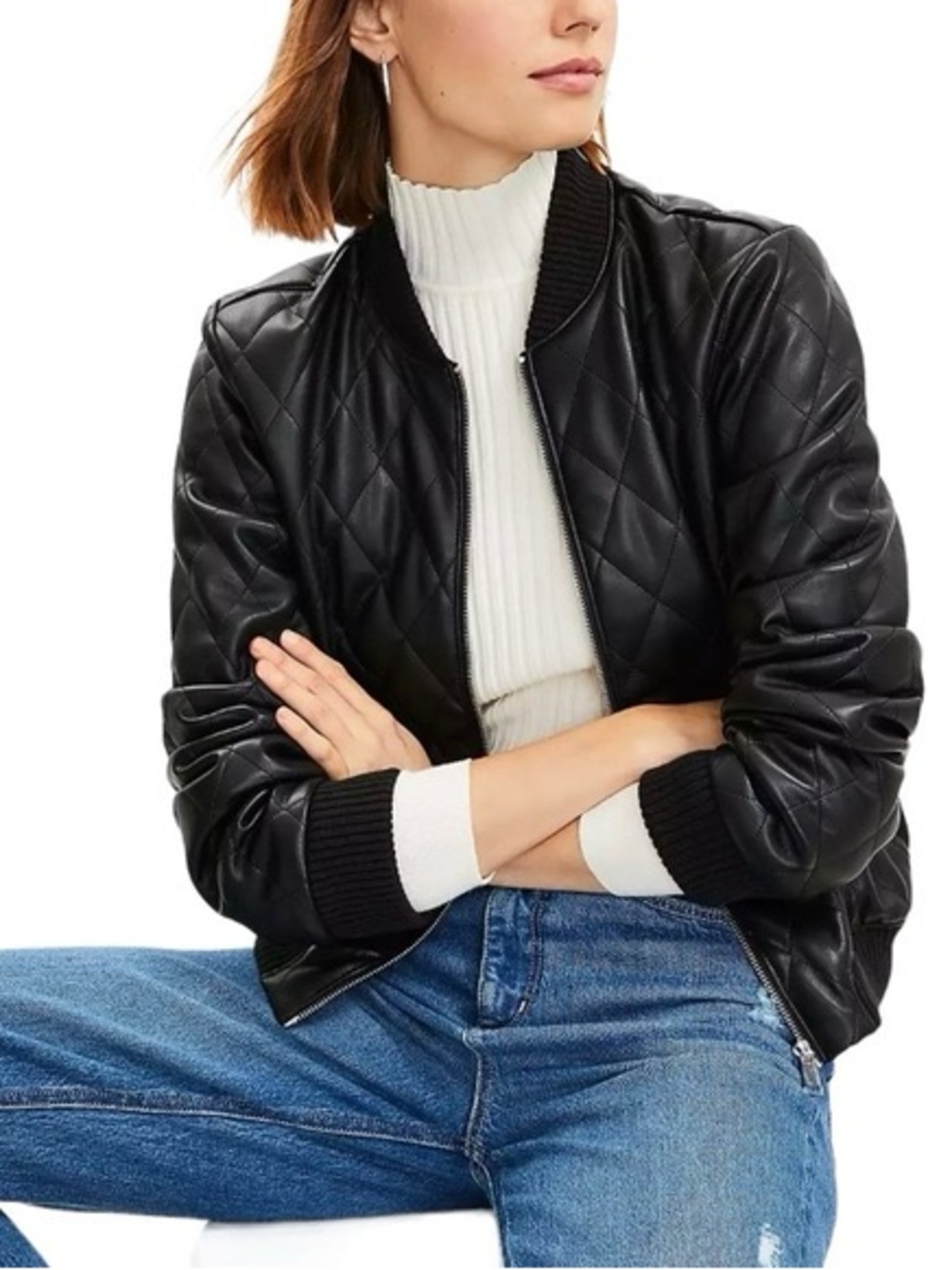 LOFT Black Quilted Faux-Leather Bomber Jacket